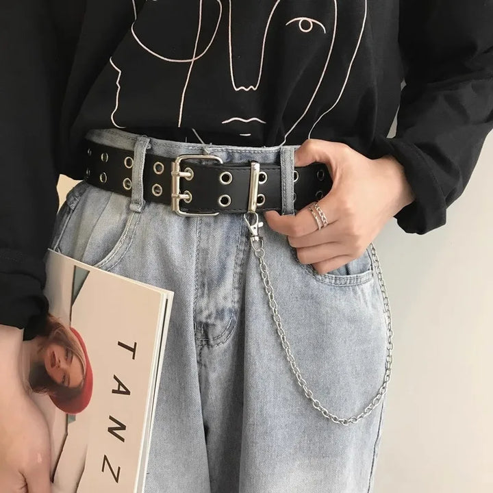 Cinto Corrente Luxo Couro Genuíno Novo Estilo Pin Fivela Jeans Retrô Punk