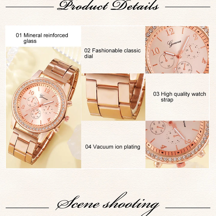 Conjunto de relógios de luxo em ouro rosa moda feminina