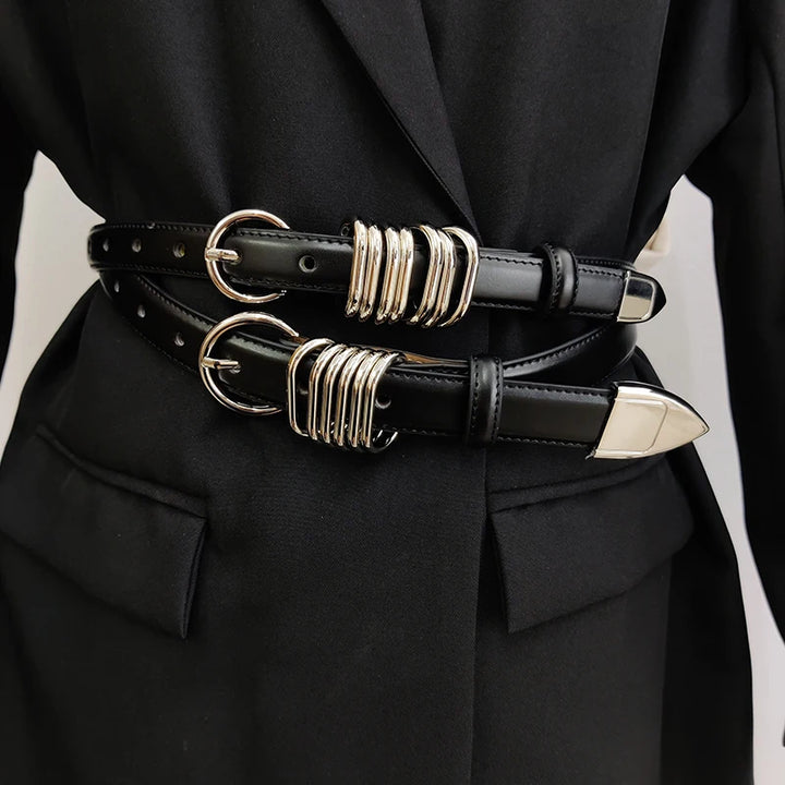 Cintos de couro genuíno de grife para mulheres, cinto de espartilho preto punk