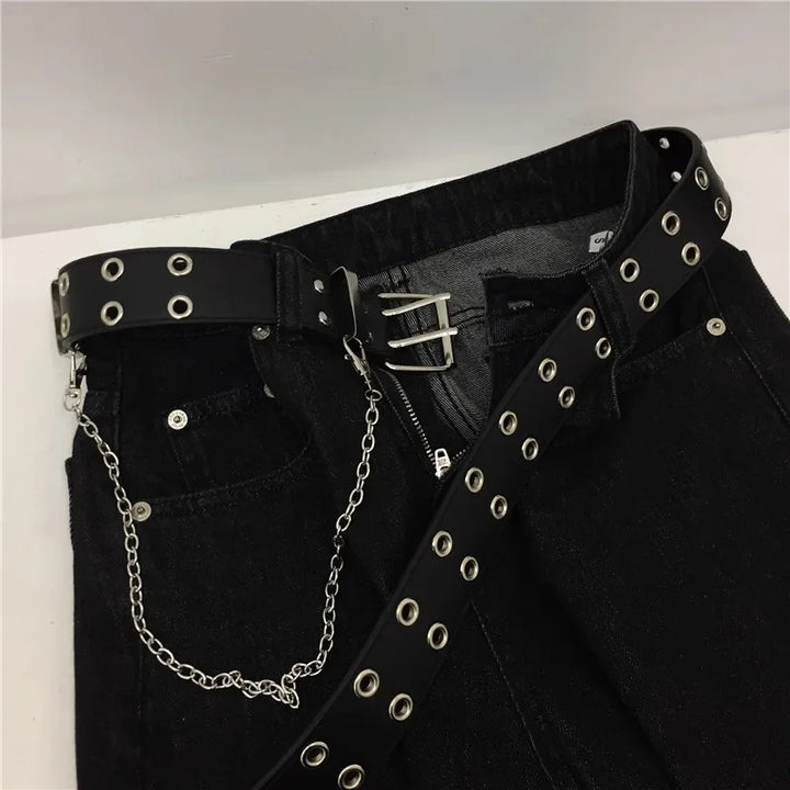 Cinto Corrente Luxo Couro Genuíno Novo Estilo Pin Fivela Jeans Retrô Punk