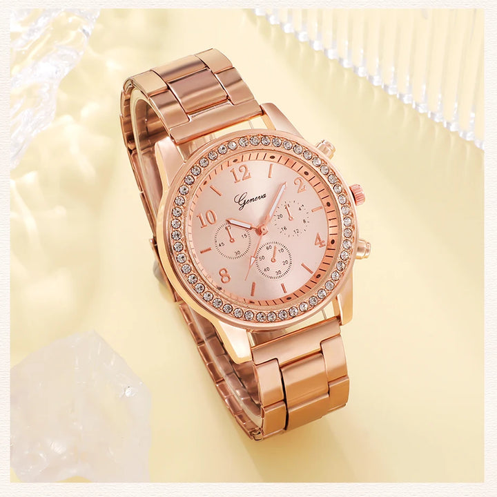 Conjunto de relógios de luxo em ouro rosa moda feminina