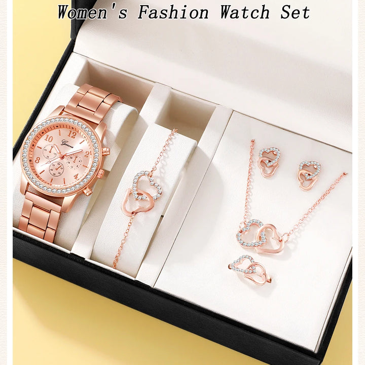 Conjunto de relógios de luxo em ouro rosa moda feminina