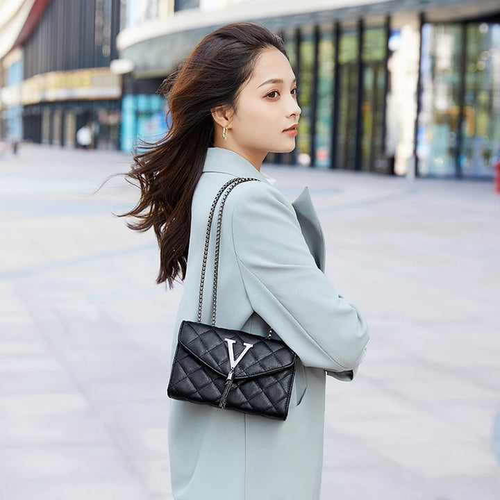 Bolsa ombro xadrez crossbody, couro