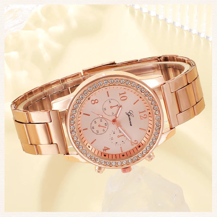 Conjunto de relógios de luxo em ouro rosa moda feminina