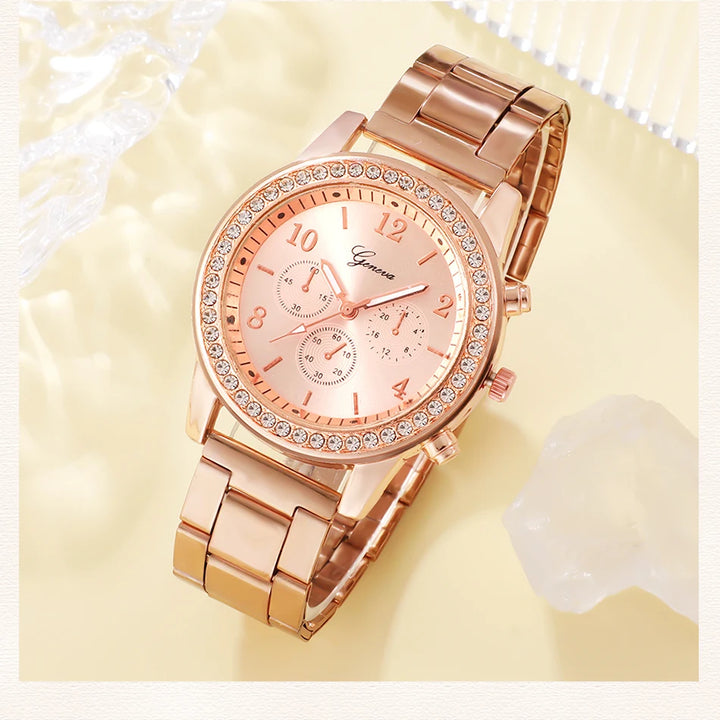 Conjunto de relógios de luxo em ouro rosa moda feminina