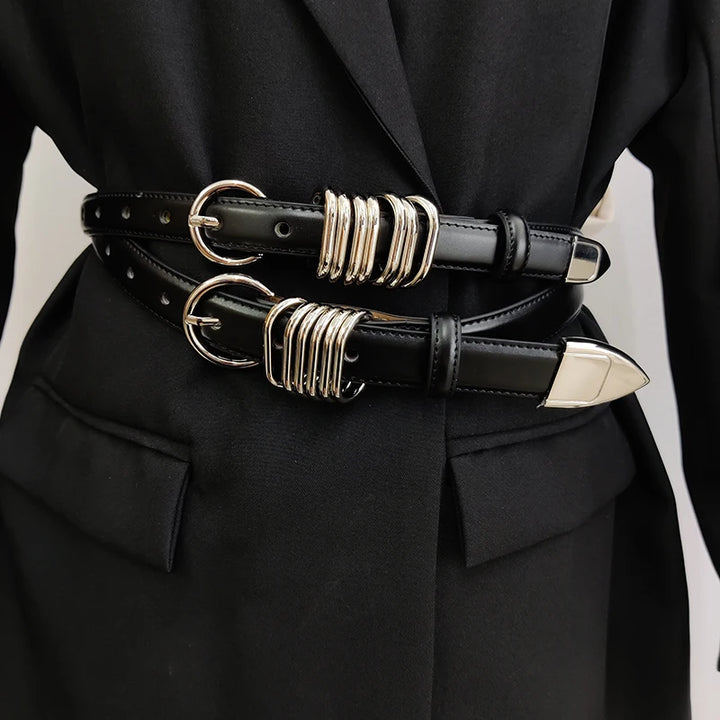 Cintos de couro genuíno de grife para mulheres, cinto de espartilho preto punk
