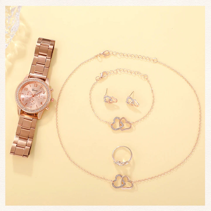 Conjunto de relógios de luxo em ouro rosa moda feminina